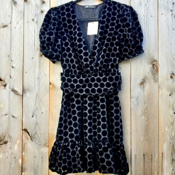 New Zara Velvet Polka Dot Party Holiday Mini Dress Size XS - Picture 2 of 4